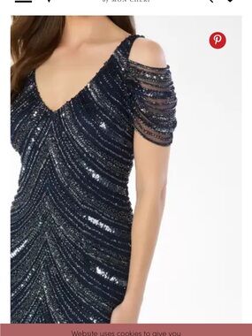 Mon Cheri Navy One-Shoulder Sequined Evening Gown
